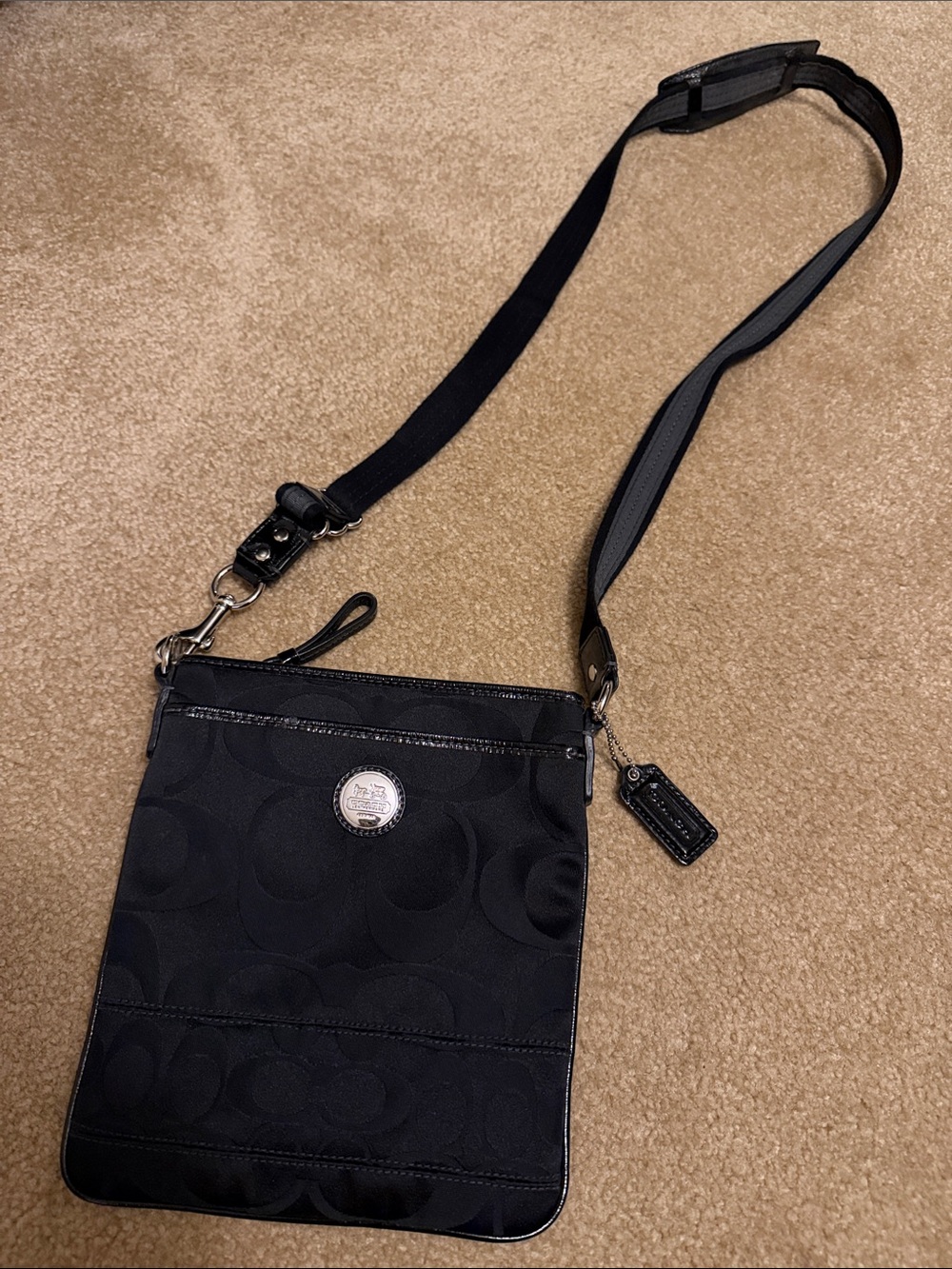 Coach Black Signature Crossbody Messenger with Silver Medallion